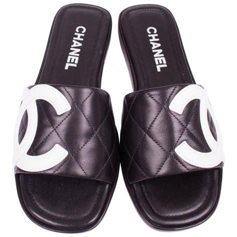 chanel slides black and white|Chanel quilted wedges.